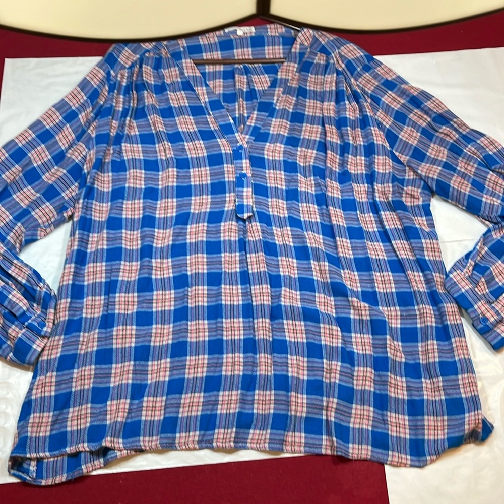 Honey Belle 3XL blue pink plaid SHIRT roll tab Sleeves 1/2 button pullover RAYON
